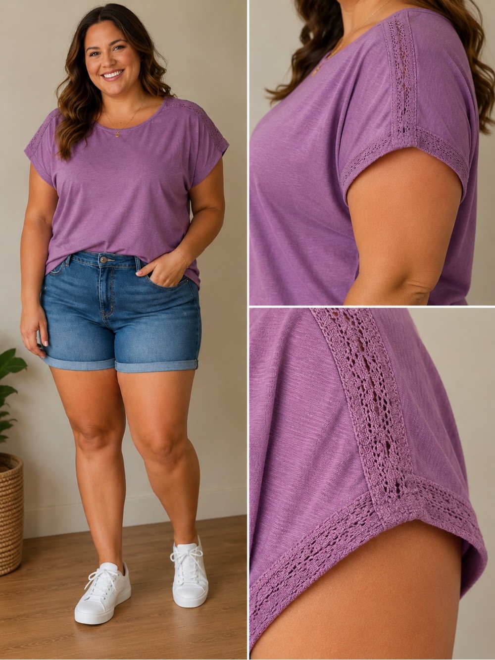 CJ Banks classic round neck tee unique crochet-style lace